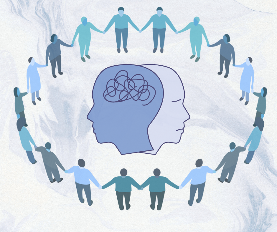 Ilustracja przedstawia dwie zarysowane głowy w centrum – jedna z zamkniętymi oczami, druga z poplątanymi liniami wewnątrz. Wokół krąg trzymających się za ręce ludzi, symbol wsparcia psychicznego.