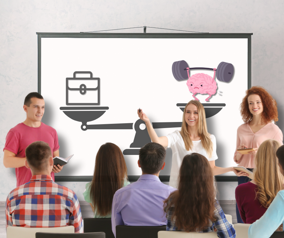 Ilustracja przedstawia grupę ludzi na szkoleniu z odporności psychicznej.