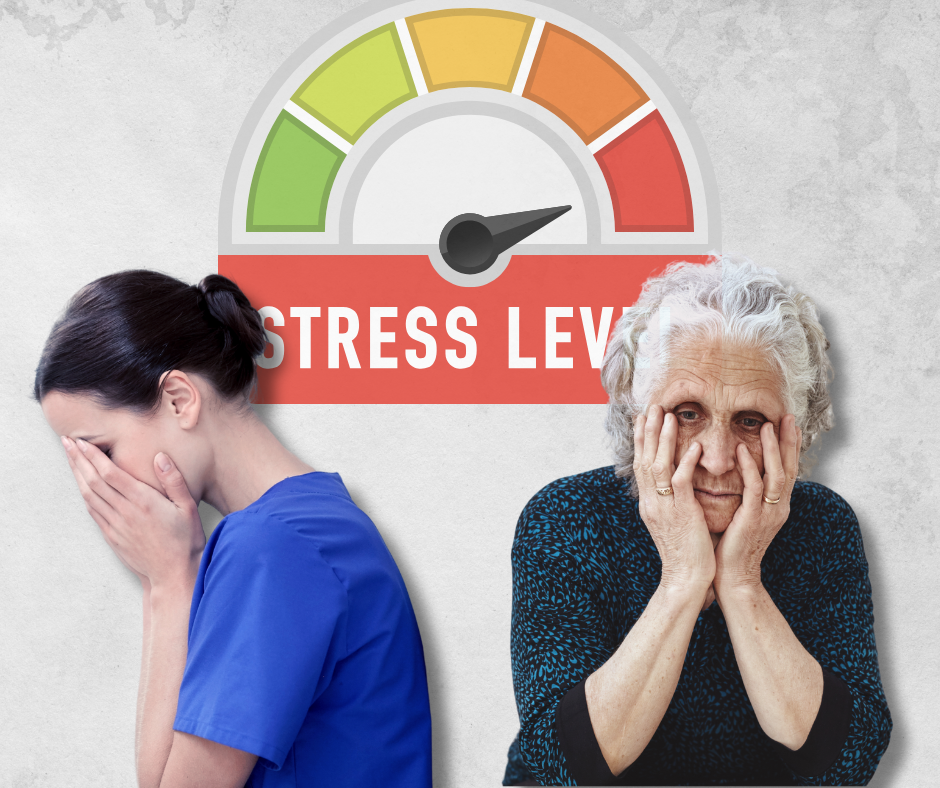 Zdjęcie przedstawia dwie kobiety: młodą i starszą, obie chowają twarz w dłonie jako oznaka stresu. W tle wskaźnik stresu wskazujący na duży poziom stresu.