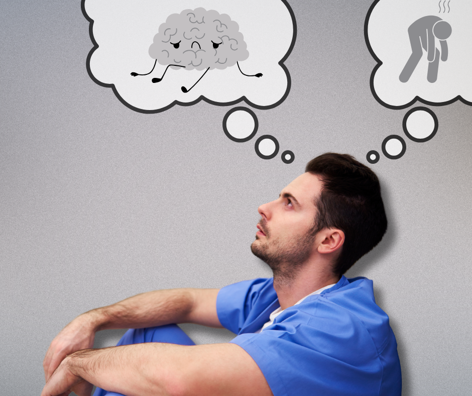 Ilustracja przedstawia siedzącego, zmęczonego mężczyznę. Z jego głowy wychodzą dymki myślowe, w których są ikony wypalenia, zmęczenia.